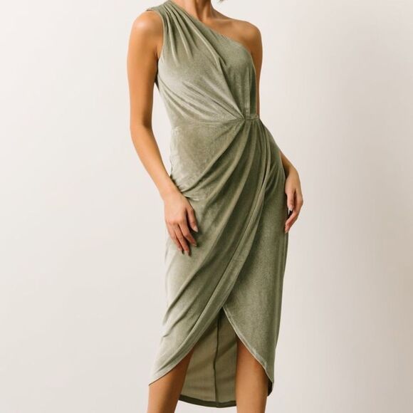 Baltic Born Kourtney Velvet One Shoulder Midi Dress Sage Size Small NEW Stretch - Picture 1 of 9